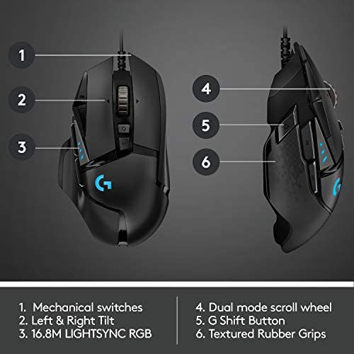 Logitech G502 HERO High Performance Wired Gaming Mouse, HERO 16K Sensor, 16,000 DPI, RGB, Adjustable Weights, 11 Programmable Buttons, On-Board Memory, PC / Mac - Black Logitech G502 HERO High Performance Wired Gaming Mouse, HERO 16K Sensor, 16,000 DPI, RGB, Adjustable Weights, 11 Programmable Buttons, On-Board Memory, PC / Mac - Black