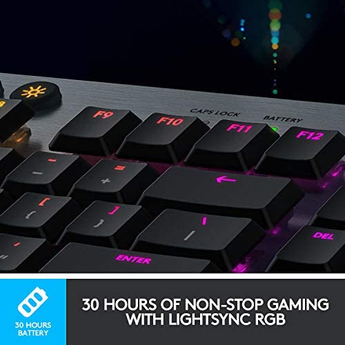 Logitech G915 Lightspeed Wireless Mechanical Gaming Keyboard, Wireless 2.4GHz and Bluetooth RGB Backlit Keys, Low Profile GL Tactile Switches, 9 Programmable G-Keys, Arx Dual Display - Black Logitech G915 Lightspeed Wireless Mechanical Gaming Keyboard, Wireless 2.4GHz and Bluetooth RGB Backlit Keys, Low Profile GL Tactile Switches, 9 Programmable G-Keys, Arx Dual Display - Black