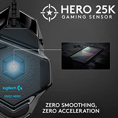 Logitech G502 HERO High Performance Wired Gaming Mouse, HERO 16K Sensor, 16,000 DPI, RGB, Adjustable Weights, 11 Programmable Buttons, On-Board Memory, PC / Mac - Black Logitech G502 HERO High Performance Wired Gaming Mouse, HERO 16K Sensor, 16,000 DPI, RGB, Adjustable Weights, 11 Programmable Buttons, On-Board Memory, PC / Mac - Black