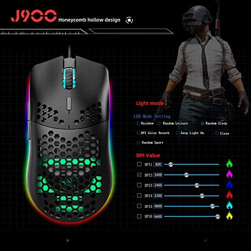 HXSJ J900 USB Wired Gaming Mouse RGB Gaming Mouse with Six Adjustable DPI Ergonomic Design for Desktop Laptop Black HXSJ J900 USB Wired Gaming Mouse RGB Gaming Mouse with Six Adjustable DPI Ergonomic Design for Desktop Laptop Black