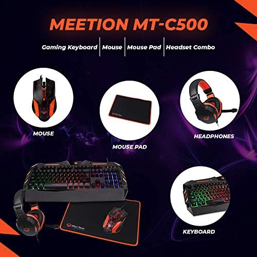 Meetion 4-in1 Colorful Backlit English/Arabic Wired Keyboard, Wired Mouse, Headphone & Mouse Pad PC Gaming Kit, C500 Meetion 4-in1 Colorful Backlit English/Arabic Wired Keyboard, Wired Mouse, Headphone & Mouse Pad PC Gaming Kit, C500