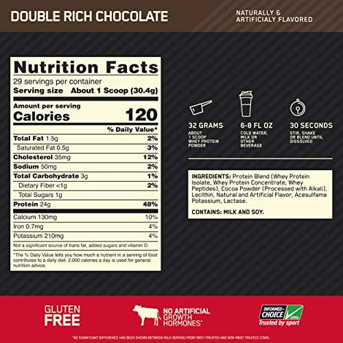 OPTIMUM NUTRITION GOLD STANDARD 100% Whey Protein Isolate Powder, Double Rich Chocolate, 2 LB, 29 Servings OPTIMUM NUTRITION GOLD STANDARD 100% Whey Protein Isolate Powder, Double Rich Chocolate, 2 LB, 29 Servings