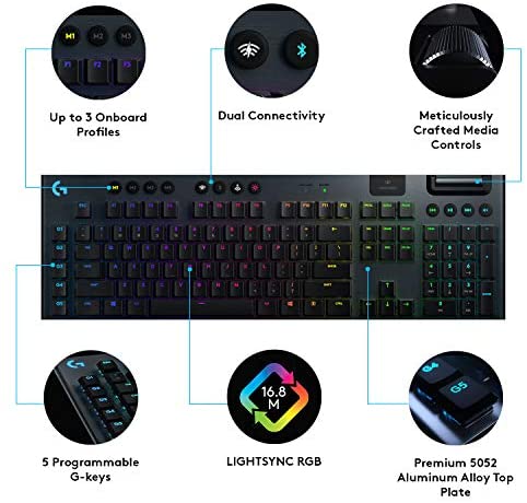 Logitech G915 Lightspeed Wireless Mechanical Gaming Keyboard, Wireless 2.4GHz and Bluetooth RGB Backlit Keys, Low Profile GL Tactile Switches, 9 Programmable G-Keys, Arx Dual Display - Black Logitech G915 Lightspeed Wireless Mechanical Gaming Keyboard, Wireless 2.4GHz and Bluetooth RGB Backlit Keys, Low Profile GL Tactile Switches, 9 Programmable G-Keys, Arx Dual Display - Black